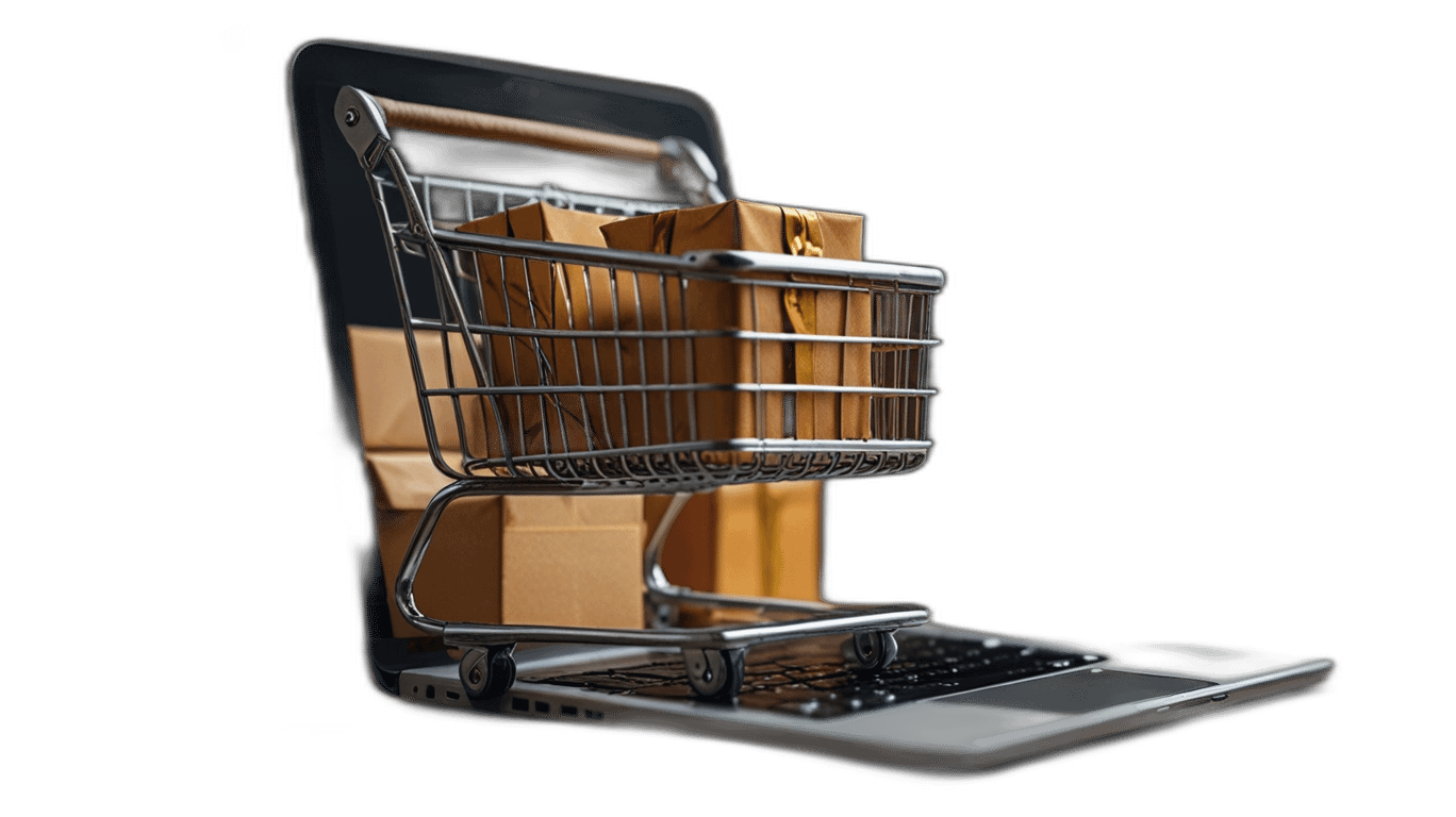 carrito de compras lleno de cajas sobre una laptop e-commerce